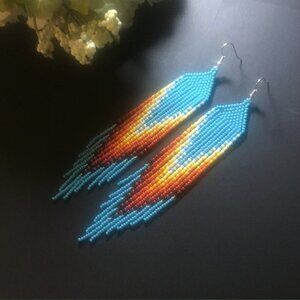 TURQUOISE BLUE FRINGE VERY LONG SEED BEADS EARRINGS BLACK RED ORANGE YELLOW WHIT